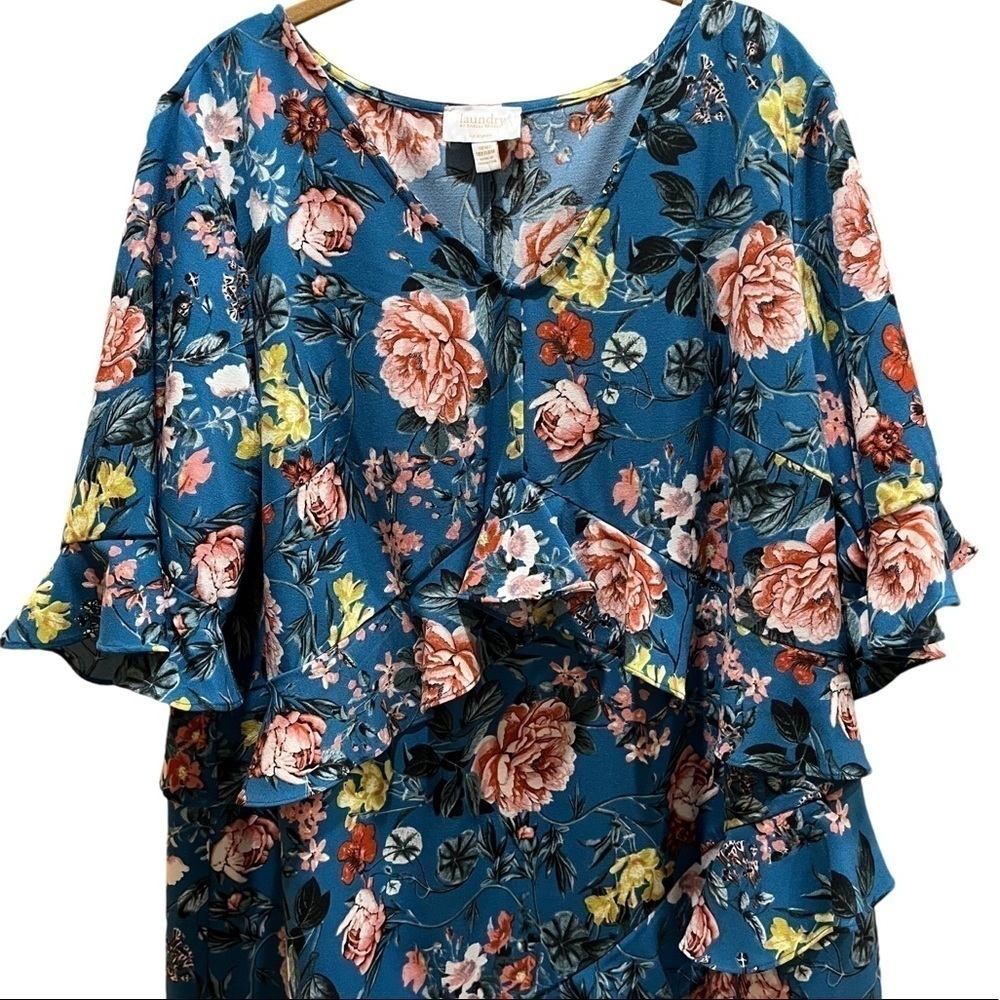 Laundry by Shelli Segal Teal Blue Floral Print Asymmetrical Ruffled Dress Sz 18W - Picture 3 of 10
